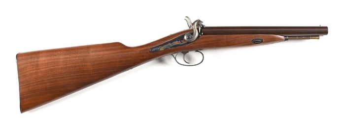 (A) EZEKIEL BAKER SIDE BY SIDE CAVALRY PERCUSSION SHOTGUN.