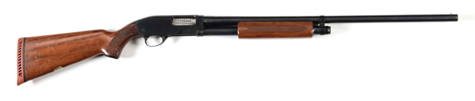 (C) J.C. HIGGINS MODEL 20 12 GAUGE SLIDE ACTION SHOTGUN.: Features a round blued steel barrel with half length magazine tube, blued steel receiver with alloy trigger guard, checkered stock with capped pistol grip and matching forearm. CONDITION: Good, bright