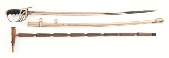 LOT OF 2: US WWI M1902 SWORD PRESENTED TO MAJOR DOROTHY RUSSELL O'REILLY AND TRENCH ART CANE.