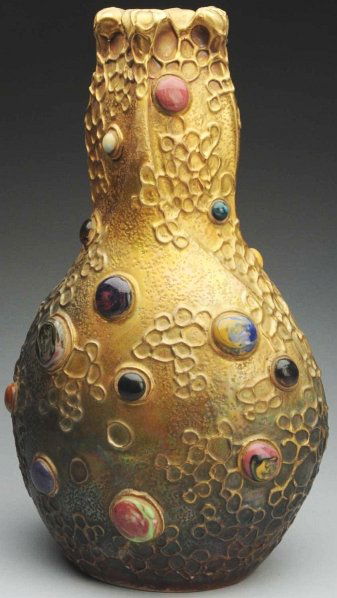 Large Amphora Gres-Bijou Vase.: 13 - 1/2" T. Beautiful gold iridized glazes and applied jewels. Amphora crown and oval marks. (Mint).