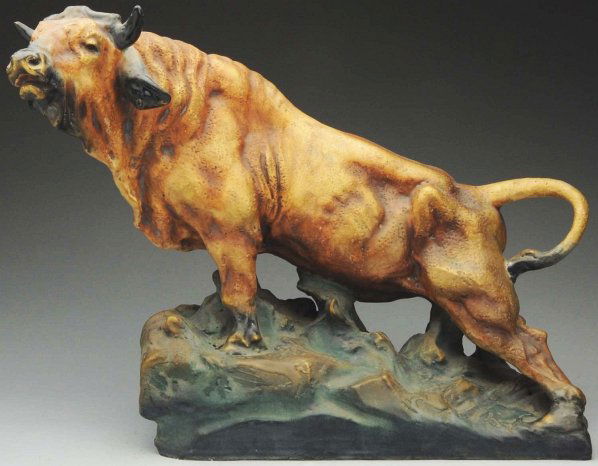 Amphora Ceramic Figural Bull.: 19" L. Green, gold, and beige glazes. Amphora marks. (Mint).