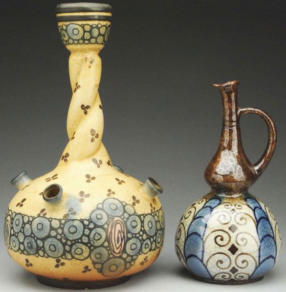 Pair of Amphora Ceramic Decorated Vases.: Largest: 15 - 3/4" T. Each stylishly decorated. One with twisted neck. Illustrated in "House of Amphora", p. 208 (motif) and p. 209 (shape 3963). The other is high fired with handle and bulbous bottom
