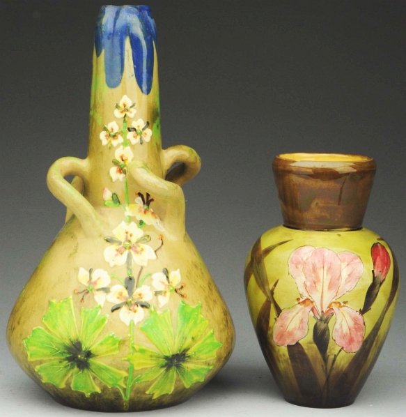 Lot of 2: Ceramic Vases.: Largest: 12" T. Includes one high-fired Amphora floral vase with four handles and decorated flowers Amphora oval and combed RStK marks. (Mint). Also includes one vase impressed "Austria" on bottom wit
