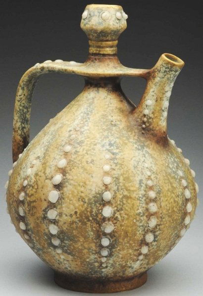 "Pearl" Amphora Ewer.: 11 - 1/2" T. Applied lenticular frits create pearl effects. Amphora oval mark and Amphora-Faience mark in a circle, crown. (Mint).