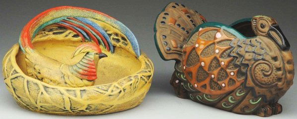 Amphora Turkey Planter & Pheasant Bowl.: Largest: 9" Dia. Turkey planter with Campina glaze with Austrian Amphora marks. Pheasant bowl with Czech Amphora mark. (Fair).