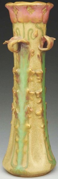 Amphora Poppy Vase with Four Handles.: 14" T. Mottled with pink and green glazes; gold highlights. Amphora oval mark on underside. (Mint).