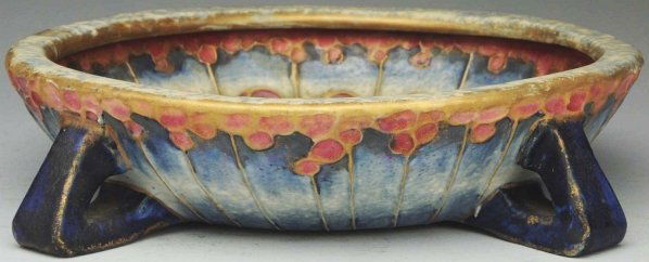 Amphora Bowl with Mandella Interior.: 8 - 3/4" Dia. Art Nouveau outer design and beautiful Mandella interior. Four angular handles as feet. Impressed Amphora mark and crown marks. (Mint).