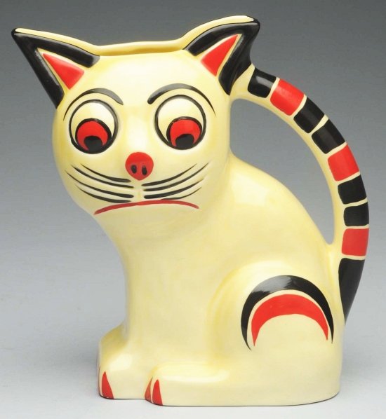 Czech Art Deco Pottery Cat Pitcher.: 8" T. Marked "Czechoslovakia". Rare and desirable. "ERPhila" deco hand-painted multicolor pottery pitcher. (Excellent).