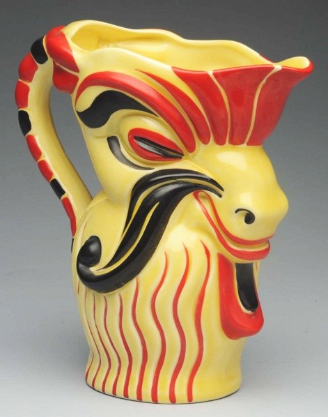 Czech Art Deco Pottery Figural Goat Pitcher.: 9" T. Done in hand-painted decoration. Marked "ERPhila, 1038, Czechoslovakia". (Excellent).