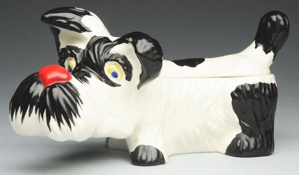 Czech Pottery Figural Scottie Dog Covered Dish.: 11 - 3/4" L. Ditmar Urbach art deco hand-painted pottery Scottie covered cookie jar. Marked "Czechoslovakia". (Excellent).