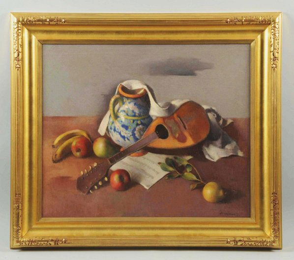 Robert Brackman (1898-1980).: "Musical Tabletop". Oil on canvas. Signed lower right. Gold leaf American Arts & Crafts hand-carved replica frame. Size 25" x 30".
