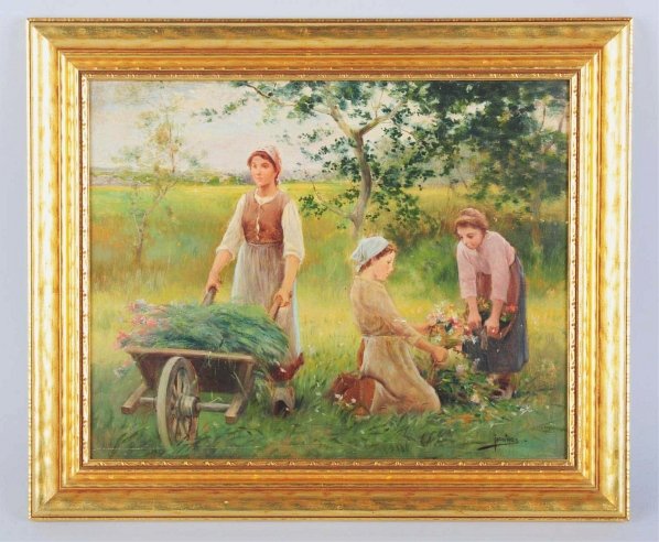 Jose Maria Jardines (Spanish 1862-1914).: "Peasants Working in Field". Oil on panel. Replica frame. Size 13" x 16".