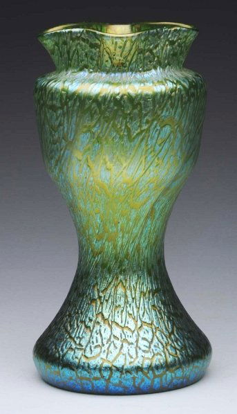 Loetz Green Art Glass Vase in Creta Mimosa Décor.: Circa 1910. Condition (Near Mint). Size 9" T.