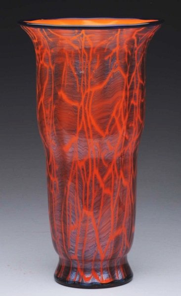 Loetz Art Glass Vase in Ausführung 134 Décor.: Circa 1911. Orange and cobalt blue variation with optic ribs. Beautiful color and condition. Condition (Near Mint). Size 10 - 3/4" T.
