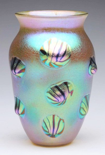 Loetz Leonidas Décor Art Glass Vase.: Circa 1900 to 1905. Very rare and fine example with 15 stamp dimples. Condition (Near Mint). Size 6" T.