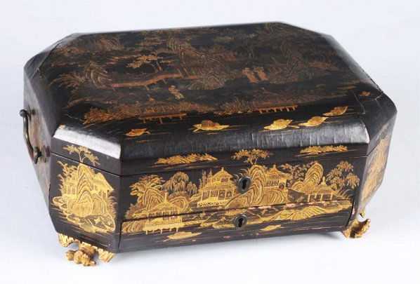 Lacquered Oriental Sewing Box Dated 1846.: With ivory sewing implements. Including needle cases, boxes, bobs and needles. Bottom drawer has more implements. Box includes over 50 ivory implements. Condition (Excellent).