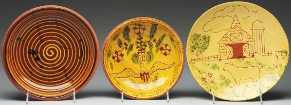 Lot of 3: Lester Breininger Redware Plates.: Largest: 10 - 1/2" Dia. All three appear to be in original condition. One is dated "1974" and depicts and eagle. (Excellent).