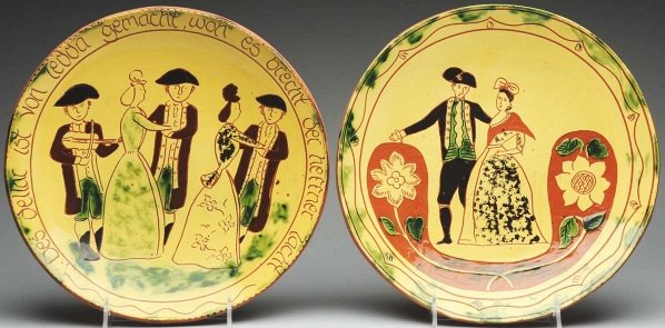 Lot of 2: Lester Breininger Marriage Plates.: Largest: 12 - 1/2" Dia. Both are highly decorated with a man and a woman. (Excellent).