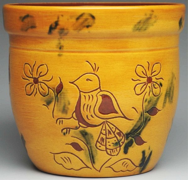 Lester Breininger Redware Decorated Crock.: 6 - 3/4" T. With incised tulips and birds. (Excellent).