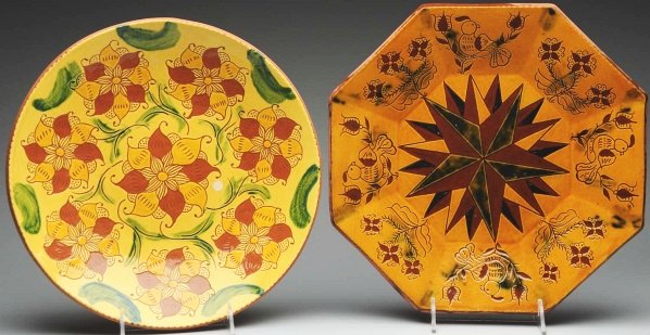 Lot of 2: Lester Breininger Chargers.: Largest: 14 - 1/4" Dia. Includes one in octagon shape retaining incised peafowls and star decoration. Also includes one large round charger fully decorated in florals. (Excellent).