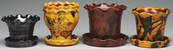 Lot of 4: Lester Breininger Redware Flower Pots.: Largest: 4" T. All pieces appear to be in original condition. (Very Good).