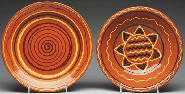 Pair of Round Lester Breininger Plates.: Largest: 11 - 3/4" Dia. Both are highly decorated with slipware decoration. (Excellent).