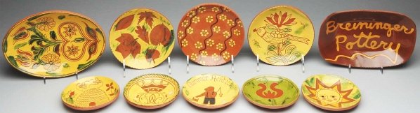 Lot of 10: Lester Breininger Plates & Platters.: Largest: 9 - 3/4" L. Various sizes. Good decoration. (Excellent).