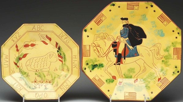 Lot of 2: Octagon Lester Breininger Plates.: Largest: 14 - 3/4" Dia. Includes one plate retaining wonderful American portrait of George Washington on a horse and surrounded by flags. Also includes one alphabet plate with incised sheep. (Excellen