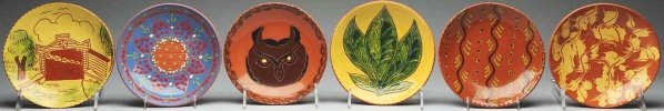 Lot of 6: Lester Breininger Plates.: Each: 6 - 3/4" Dia. All with slipware decoration. (Excellent).