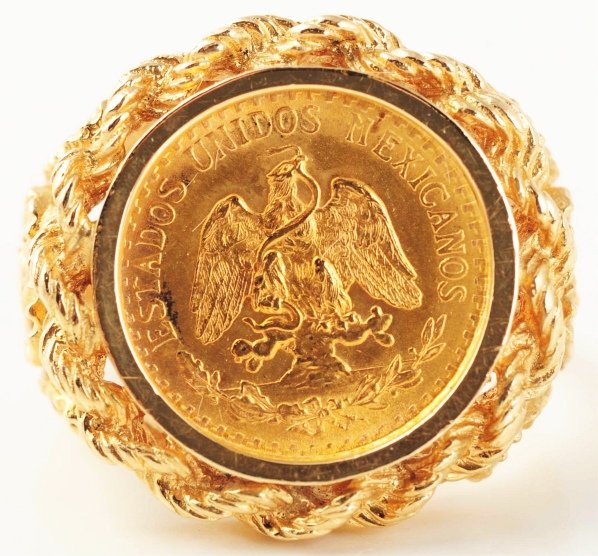 14k Yellow Gold Dos Peso Coin Ring.: Ring contains a Mexican Dos Peso coin. Weight: 4.5 dwt. Condition (Excellent). Size Ring Size: 5 - 1/2.
