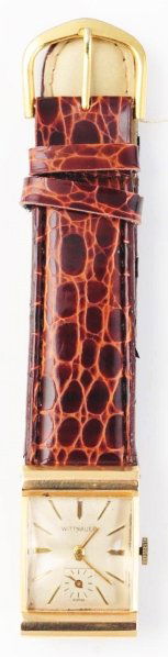 Wittnauer Wrist Watch.: 14K gold-filled. 17 jewels. Brown band.