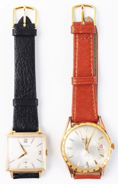 Lot of 2: Wrist Watches.: Includes one circa 1950s Bulova 10K gold-filled, black band, 17 jewels, Arabic numbers, refinished dial. Also includes circa 1960s Tugaris, gold top, S.S. base, 60 jewels, automatic, case # 3135.