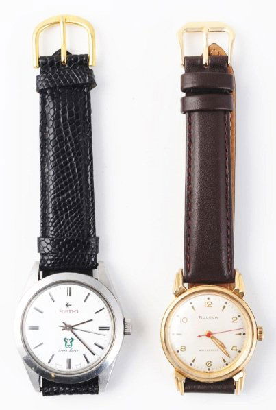 Lot of 2: Wrist Watches.: Includes one circa 1970s Rado Swiss, 17 jewels, stainless steel case, case # 3937908A, mechanical. Also includes circa 1950s Bulova, Swiss, mechanical, 17 jewels, leather band, water-resistant. Condit
