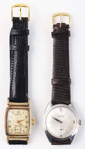 Lot of 2: Wrist Watches.: Includes one circa 1930s Hamilton, 10K gold-filled, original band, 17 jewels. Condition: 6. Also includes circa 1960s Gruen, 17 jewels, stainless steel, precision movement.