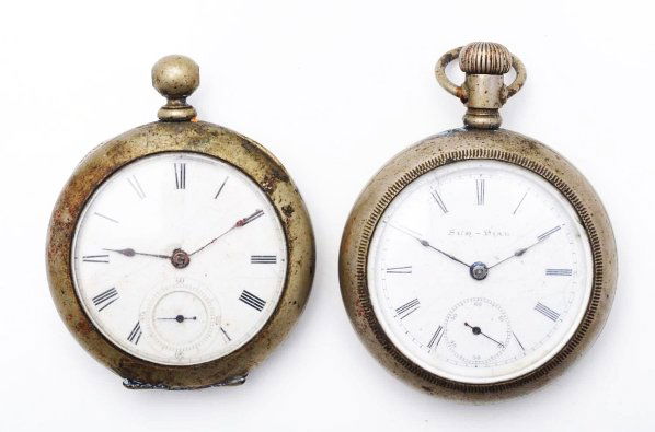 Lot of 2: Pocket Watches.: Includes on "Sun-Dial" manual wind watch and one Elgin key wind watch. Not in working condition and in Silverode cases.