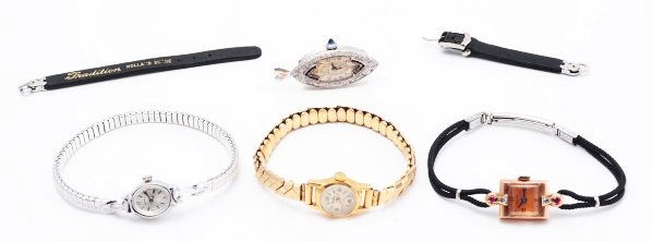 Lot of 4: Ladies Wrist Watches.: Includes an 18k diamond and sapphire pendant watch, a 14k rose gold Belmar, a RGP Bulova and an 18k MuDu.