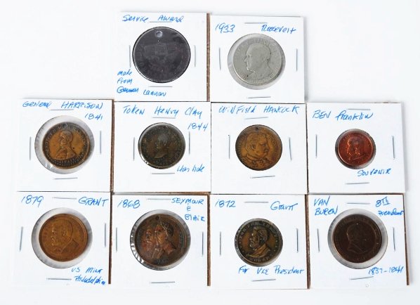 Lot of 10: Political Tokens.: Includes Van Buren 1937-1841 8th President, Ben Franklin souvenir, Roosevelt 1933 Prosperity, Service Award made from German currency with hole, Winfield Hancock with hole, Henry Clay 1844 with hole, 