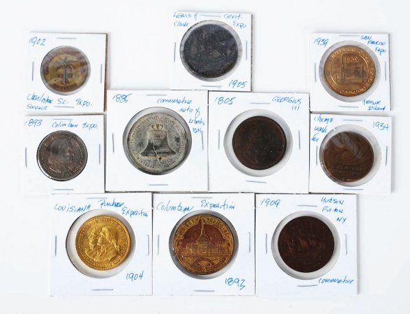 Lot of 10: Miscellaneous Tokens & Coins.: 1834 Chicago World's Fair, 1902 Charleston South Carolina Expo, 1939 San Francisco Expo Treasure Island, 1905 Lewis & Clark Expo, 1805 Georgius III, 1904 Louisiana Purchase Expo, 1893 Columbian Expo, 