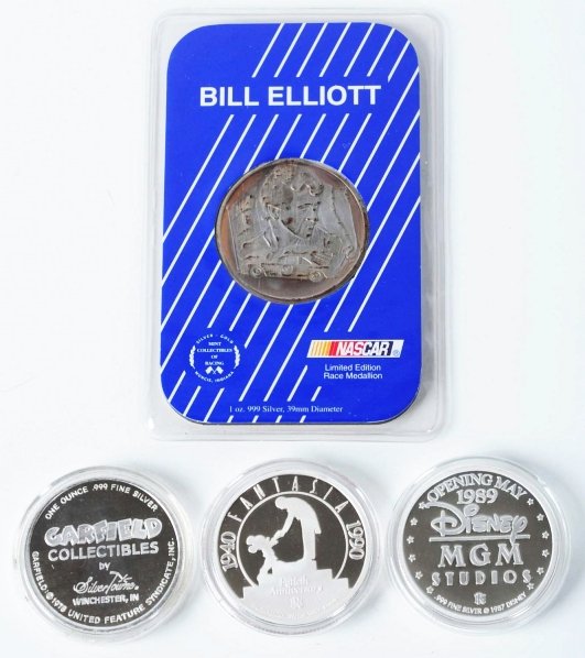 Lot of 4: 1-Ounce .999 Silver Medallions.: Includes Bill Elliot Nascar 1988. Condition (BU).