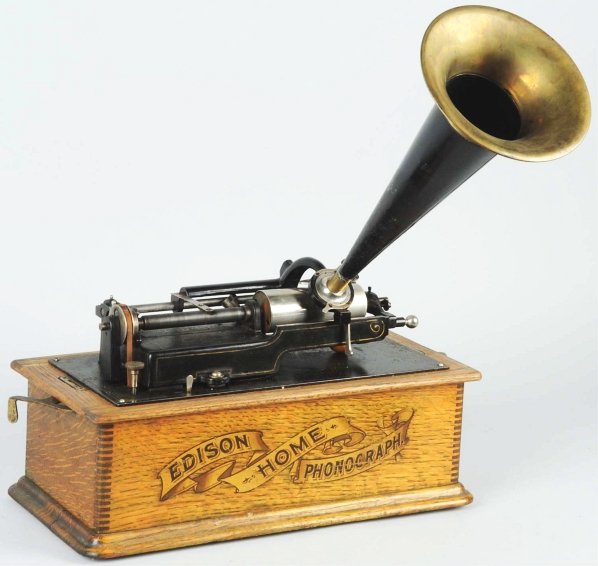 Edison Home Phonograph.: Horn is present. Piece has been converted to two and four minute. Condition (Excellent). Size 18" x 8 - 3/4".