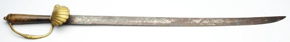 Very Early Sword.: Sword has wooden handle and brass grip with seashell detail. No sheath. Condition (Very Good).