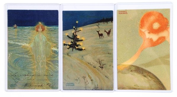 Lot of 3: Raphael Kirchner Postcards.: Includes two ladies and one Christmas scene. One red head looking at earth, one lady rising from sea, and one deer with lit Christmas tree. Condition (Near Mint).