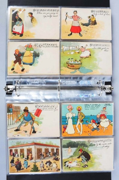 Lot of 170: Comic & Silhouette Postcards.: Includes April Fool, French fishing, occupations, crossword puzzles, English porcelain, and large fruit. Artists includes Wyeth, Christy, Golay, and Tom Browne. Condition (Near Mint).