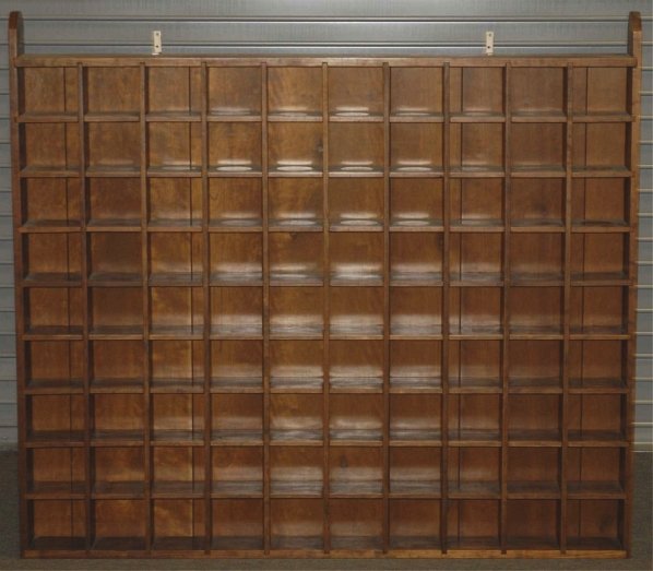 Large Cherry Barber Shop Shaving Mug Cabinet.: Includes 90 compartments. Condition (Excellent). Size 59" x 53".