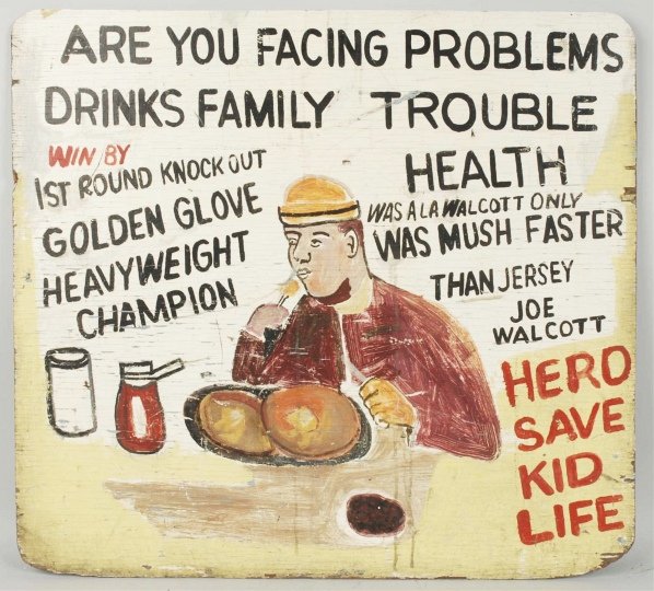 Wooden Joe Walcott Boxing Sign.: Golden Glove heavyweight champ. Circa 1940. minor paint loss. Condition (Excellent). Size 30" x 27 - 3/4".