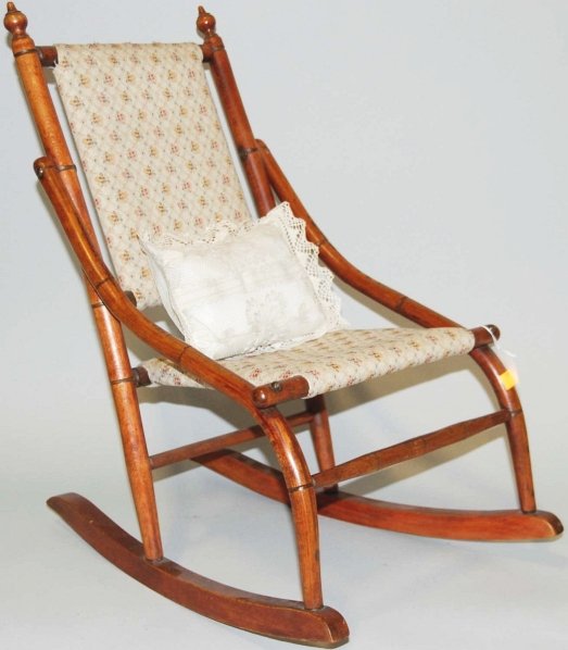 Wooden Doll's Rocking Chair with Small Pillow.: Wooden rocking chair for a doll. Includes a small pillow. Condition (Excellent). Size 27 - 1/2" T.