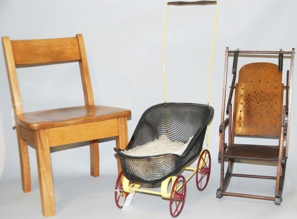 Doll & Children's Furniture.: Includes three pieces consisting of a child's oak chair, doll rocking chair, and metal doll baby carriage. Condition (Excellent). Size Largest: 22" T.