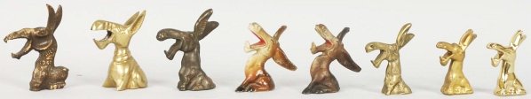 Lot of 8: Donkey Figural Bottle Openers.: Includes three cast iron and five brass, including very rare “Phila. 1948” Donkey #F-65. Condition (Excellent). Size Largest: 3 - 7/8" T.