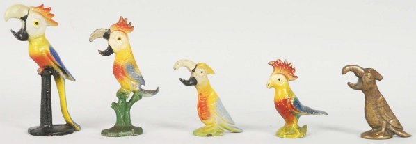 Lot of 5: Cockatoo & Parrot Bottle Openers.: Includes four cast iron and one brass. Condition (Excellent). Size Largest: 5 - 3/8" T.