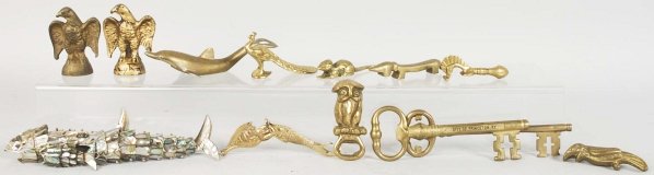 Lot of 15: Assorted Figural Bottle Openers.: Abalone and brass. Condition (Very Good). Size Largest: 3 - 3/8" T.